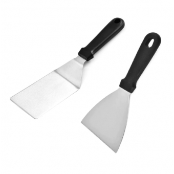 Kit Espátula Chapeiro Profissional de Inox 2 Peças Reta + Curva - Cozinha Burger Churrasco