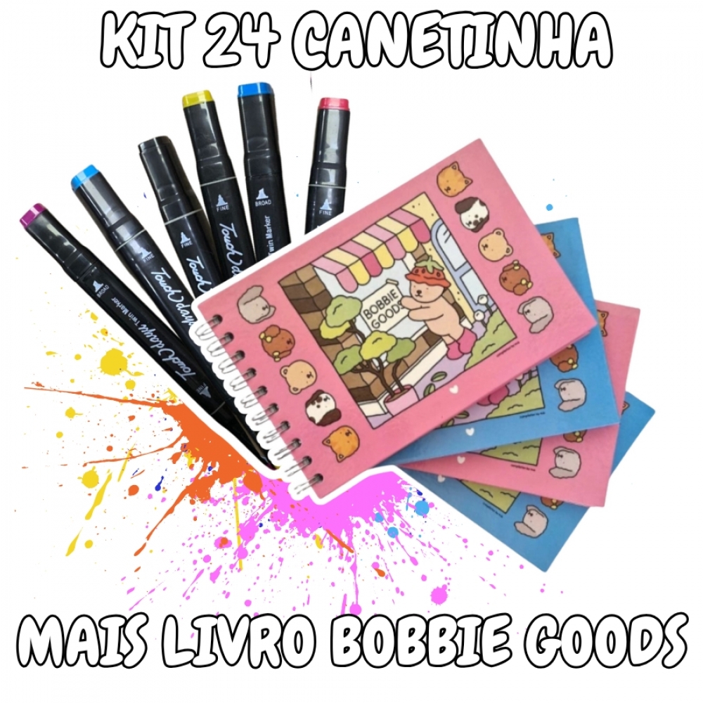 Kit 24 Canetinhas Com Livro De Colorir Capa Dura Marca Texto Duas Pontas