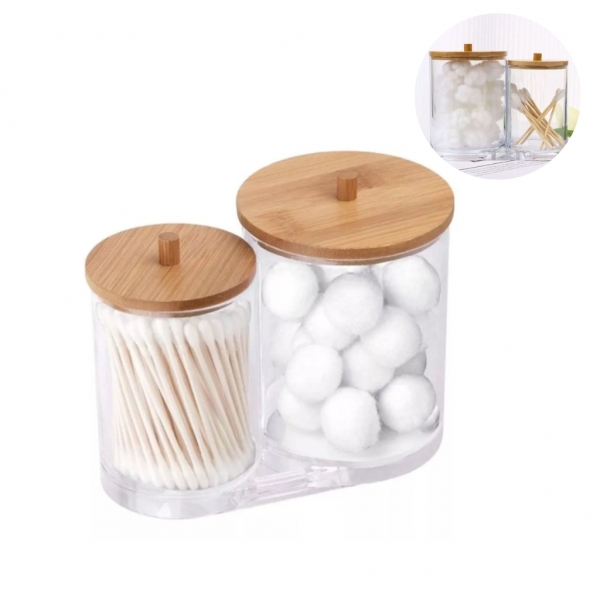 Porta Cotonete Algodão Duplo Com Tampa Bambu Acrilico
