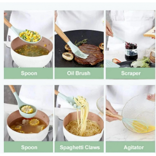 Jogo Kit 12 Peças Utensílios De Cozinha De Silicone Cabo Madeira Decoração Livre BPA