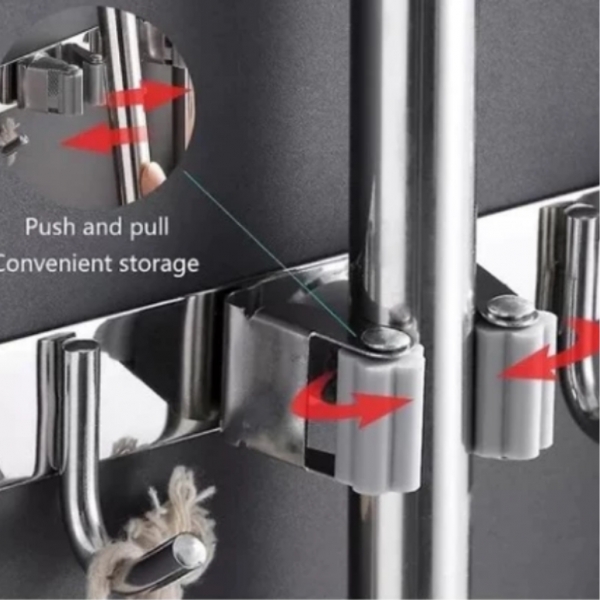 Porta Vassoura aço inox Rodo Suporte Com Encaixes e Ganchos Multiuso reforçado