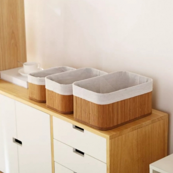 Kit 3 Cestos Organizador De Bambu Multiuso Com Forro