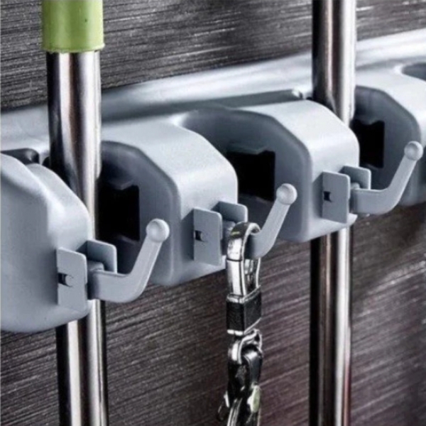 Suporte Organizador Multiuso 5 Lugares 6 Ganchos Porta Vassoura Rodo Chaves Posições