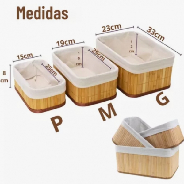 Kit 3 Cestos Organizador De Bambu Multiuso Com Forro