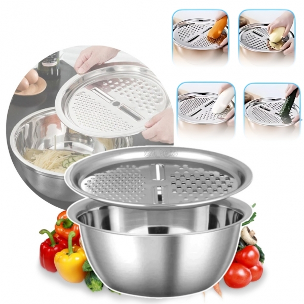Ralador 4 em 1 Fatiador Bacia Legumes Queijo Tigela 26cm Cozinha saladeira aço inoxidavel inox