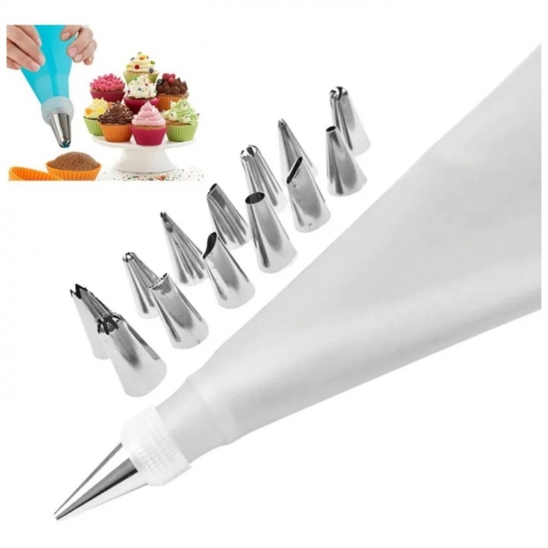 12 Bicos Confeitar Bolo Doce + Acoplador + Saco Confeiteiro