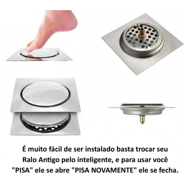 Ralo Click quadrado Inteligente 10x10cm Cromado Inox Banheiro Veda Cheiro