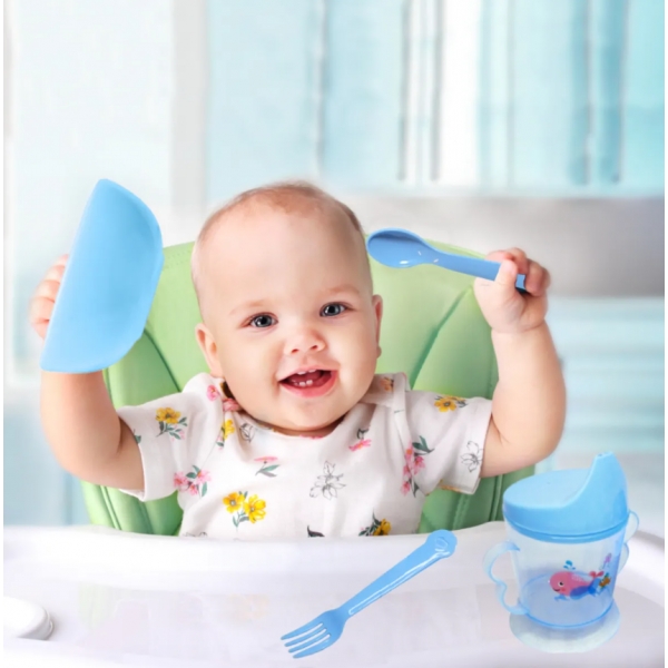 Kit Papinha Bebê 4 Peças: Tigela + Copo com Alça + Garfo e Colher - Ideal para Introdução Alimentar Envio Aleatorio