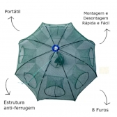 Armadilha Covo Peixe Isca Viva Lambaris Camarões 90x90cm/ peixes com 8 entradas Rede Retrátil