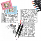 Kit 24 Canetinhas Com Livro De Colorir Capa Dura Marca Texto Duas Pontas