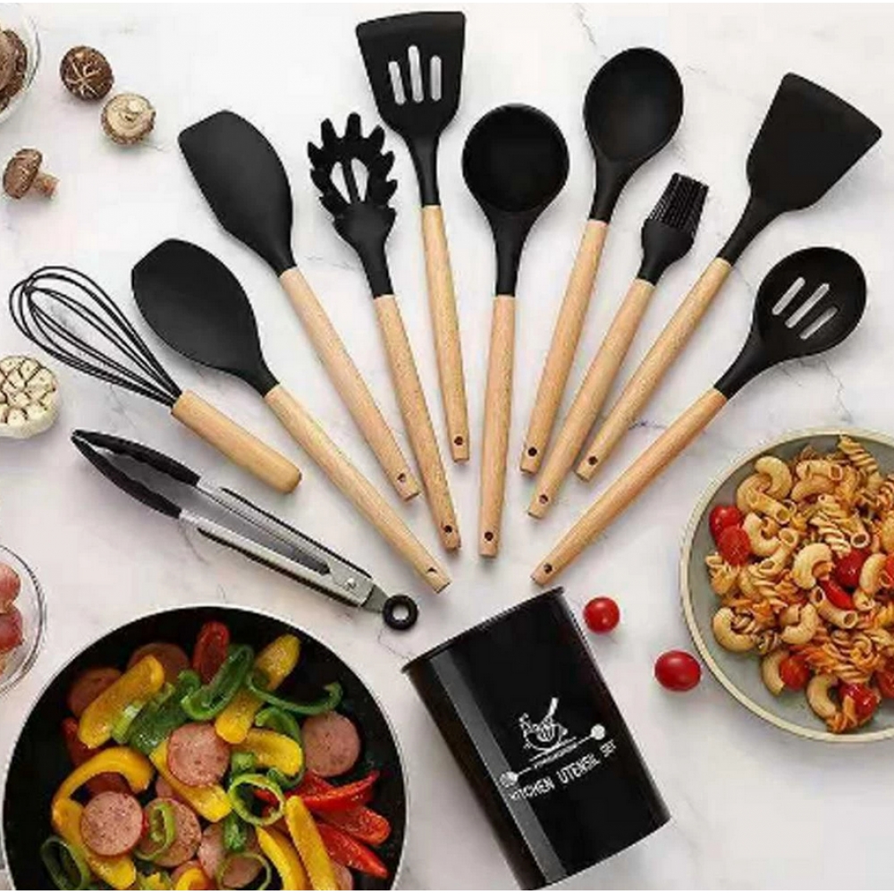 Jogo Kit 12 Peças Utensílios De Cozinha De Silicone Cabo Madeira Decoração Livre BPA