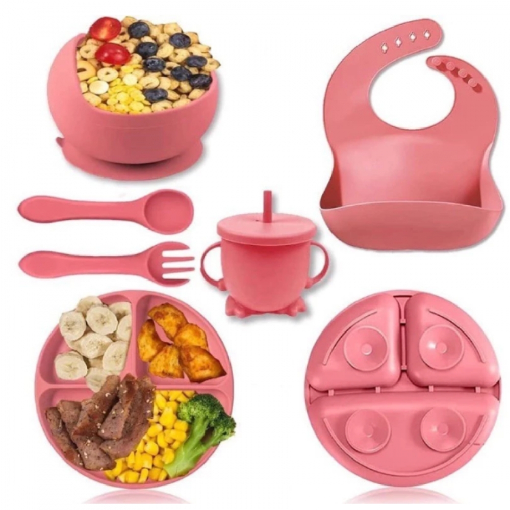Kit 6 Alimentação Bebê Silicone Prato Babador Copo Tigela Cor Rosa Introdução Alimentar infantil