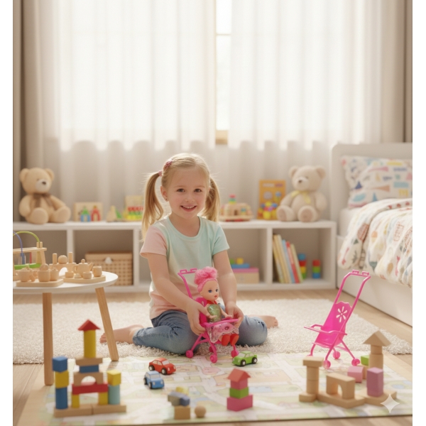 Kit Mini Boneca Com Carrinho Passeio Brinquedo Infantil Menina