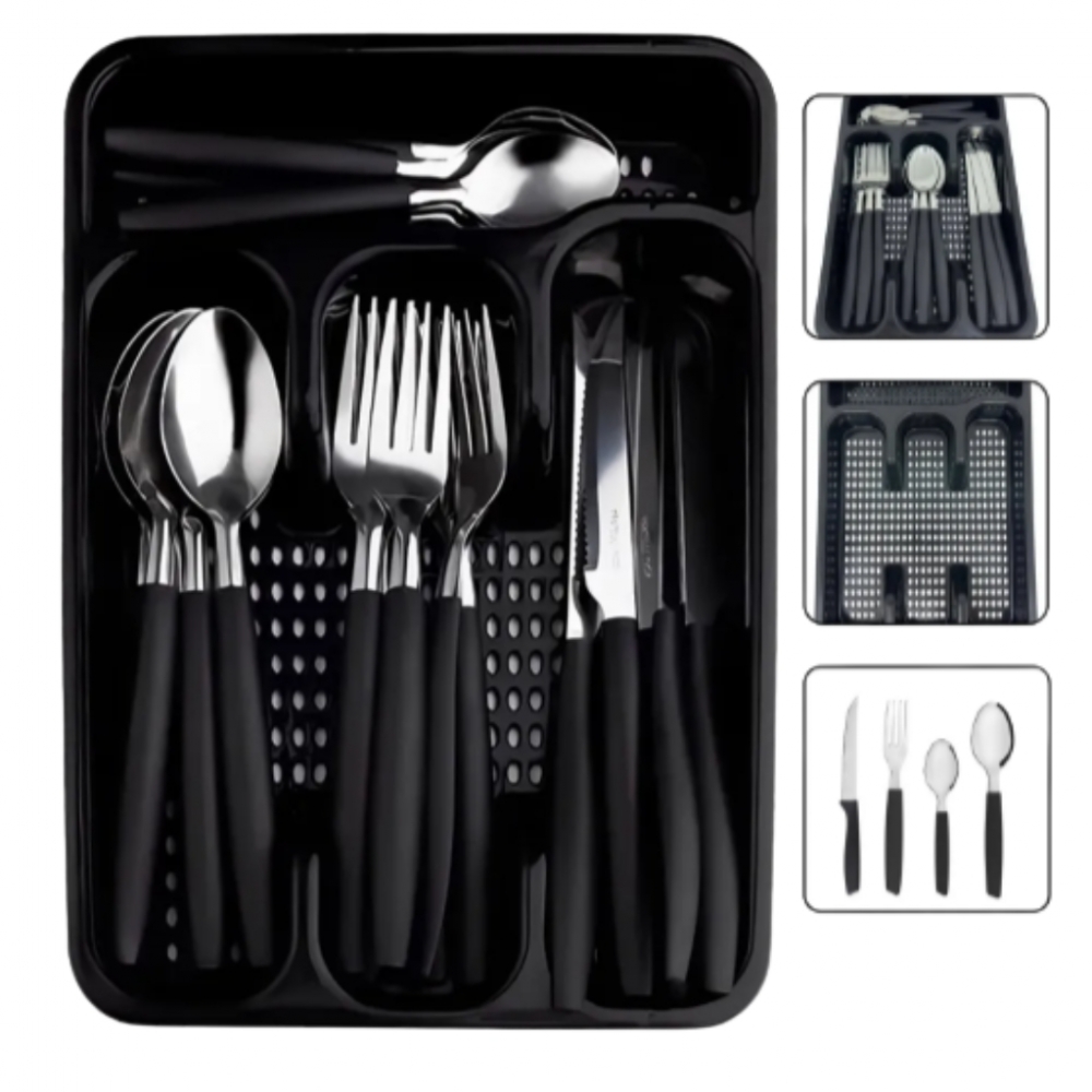 Faqueiro Jogo De Talheres Inox C/ Porta Talher Com 17 Peças Cor Preto