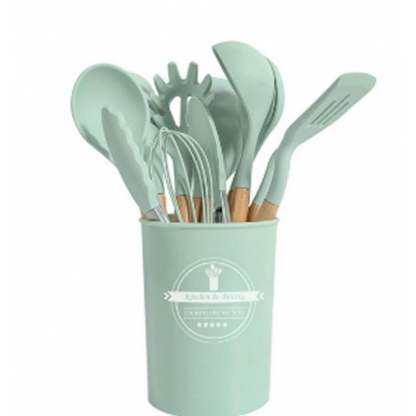 Jogo Kit 12 Peças Utensílios De Cozinha De Silicone Cabo Madeira Decoração Livre BPA