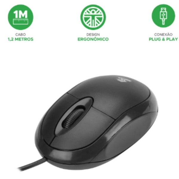 Mouse Óptico Ergonômico C/ 1000 Dpi Plug And Play 5+ Office Cor Preto
