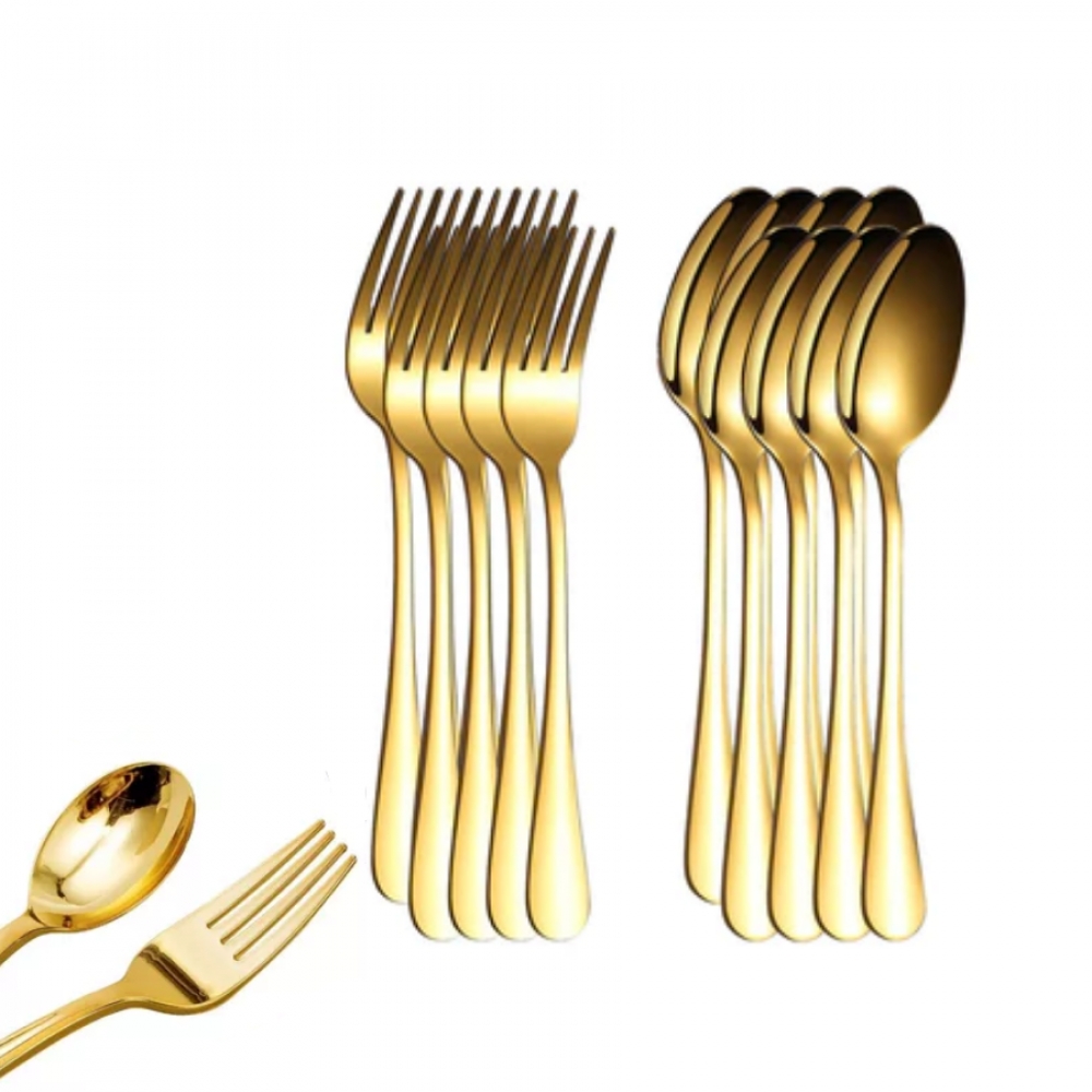 Kit 12 Talheres Aço Inox Stainless Steel Mesa Posta Garfo Colher Dourado Linha Luxo