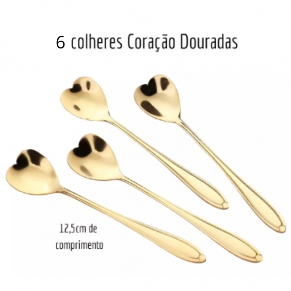 Jogo De Colher Chá E Café Coração Dourada 6 Peças - Luxo