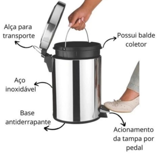 Lixeira Aço Inox Cesto 5 Litros Com Pedal Balde Lixo Removível