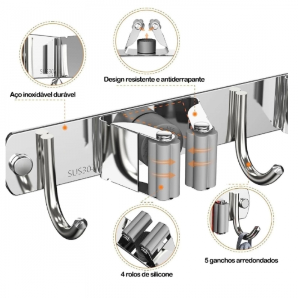 Porta Vassoura aço inox Rodo Suporte Com Encaixes e Ganchos Multiuso reforçado