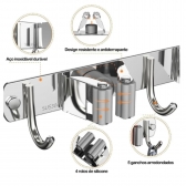 Porta Vassoura aço inox Rodo Suporte Com Encaixes e Ganchos Multiuso reforçado