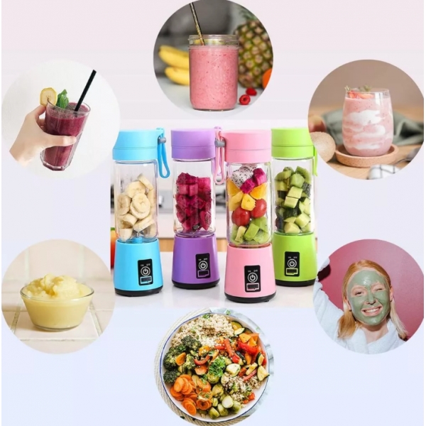 Mini Liquidificador Portátil Recarregável Com 6 Lâminas 380ML Cabo USB