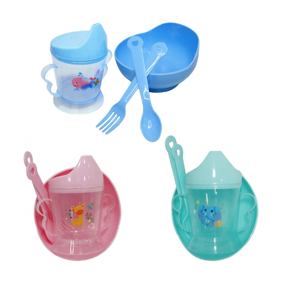 Kit Papinha Bebê 4 Peças: Tigela + Copo com Alça + Garfo e Colher - Ideal para Introdução Alimentar Envio Aleatorio