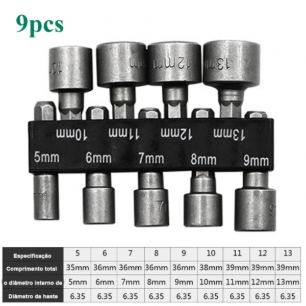 Kit de Jogo de Bits Soquete Canhão para Parafusadeira 5 A 13mm