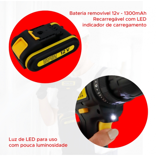 PARAFUSADEIRA E FURADEIRA 1350 RPM A BATERIA LI-ION C/ MALETA ACESSORIOS 12V -110/220V