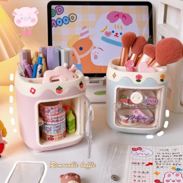 Porta Lápis em formato de Mini Geladeira - Porta Objetos com adesivos - Kawaii