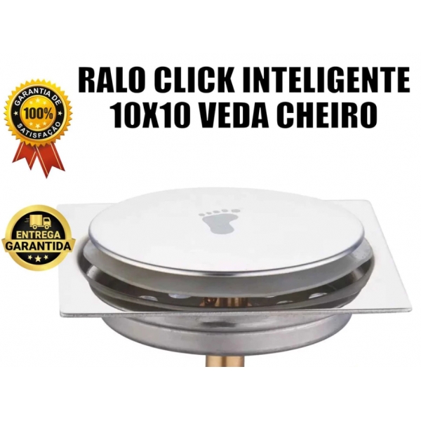 Ralo Click quadrado Inteligente 10x10cm Cromado Inox Banheiro Veda Cheiro