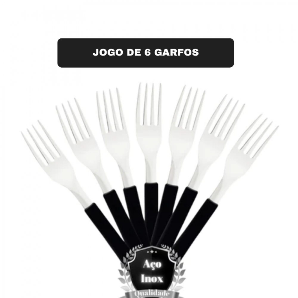 Kit Jogo De 6 Garfo de Mesa Restaurante Leme Inox Cabo Preto