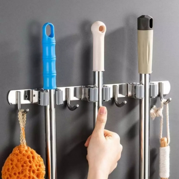 Porta Vassoura aço inox Rodo Suporte Com Encaixes e Ganchos Multiuso reforçado