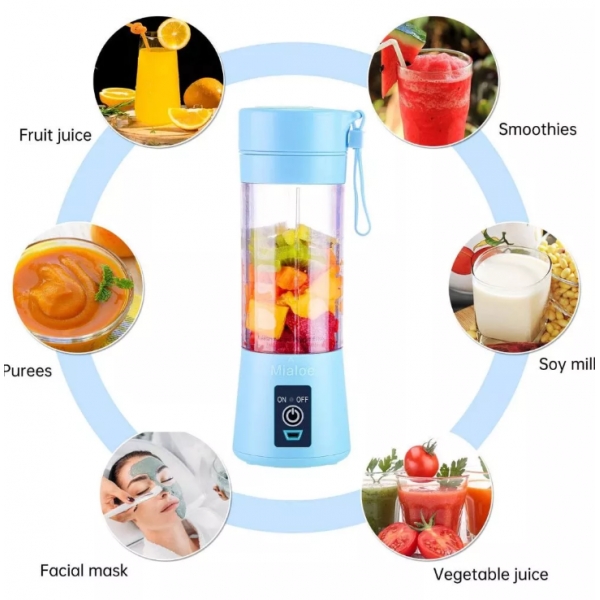 Mini Liquidificador Portátil Recarregável Com 6 Lâminas 380ML Cabo USB