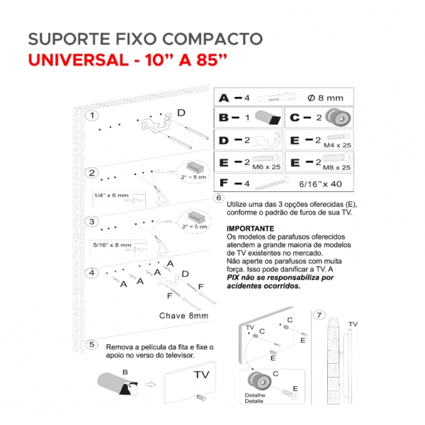 Suporte Tv Fixo Universal 10 A 85 - Compacto Cor Preto