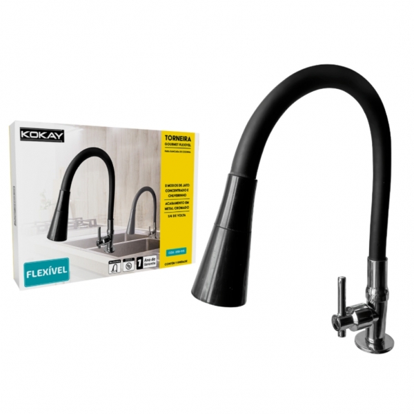 Torneira Para Cozinha Bancada Flexível Tubo Preto 2 Jatos