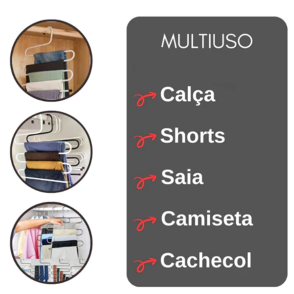Cabide de metal em S com 5 divisórias p/ calça saia bermuda