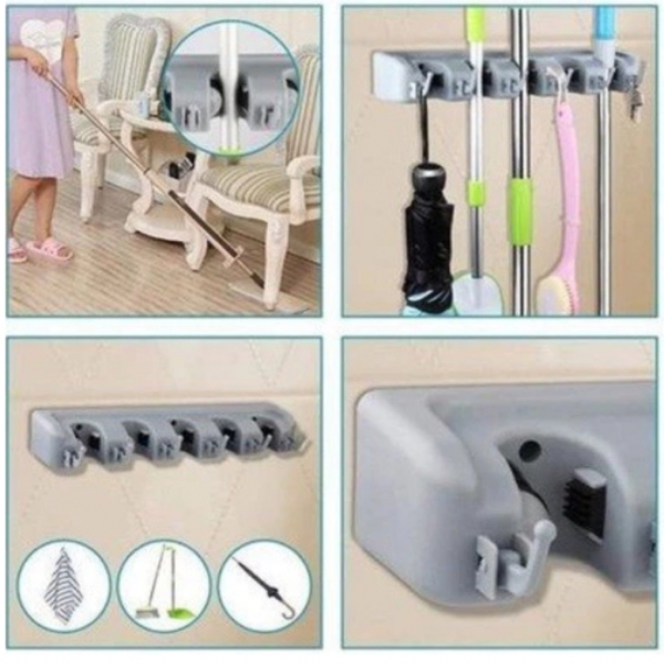 Suporte Organizador Multiuso 5 Lugares 6 Ganchos Porta Vassoura Rodo Chaves Posições