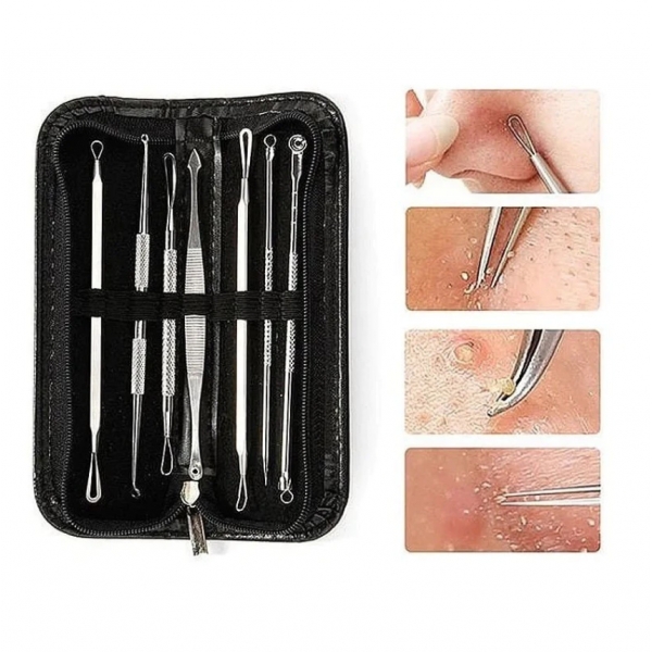 Kit 7 Curetas Remove Cravos Espinhas Aço Inoxidável Com Estojo