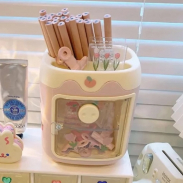 Porta Lápis em formato de Mini Geladeira - Porta Objetos com adesivos - Kawaii