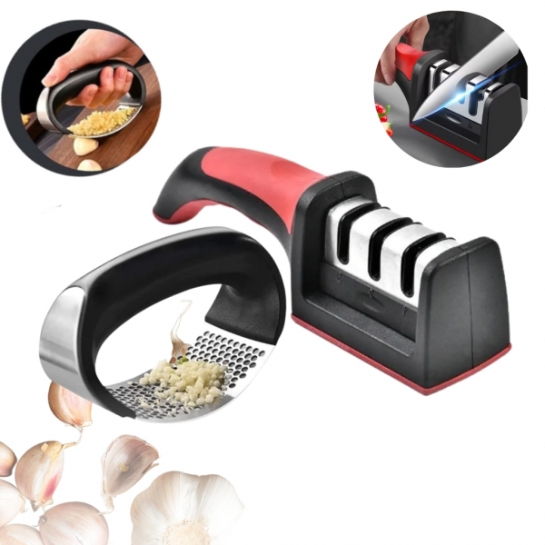 kit Espremedor Amassador Triturador De Alho e Amolador Faca Afiador Profissional com cabo 3 EM 1