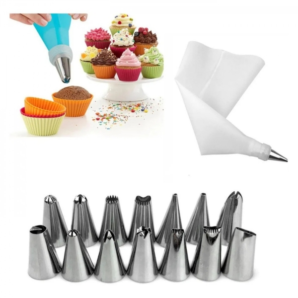 12 Bicos Confeitar Bolo Doce + Acoplador + Saco Confeiteiro
