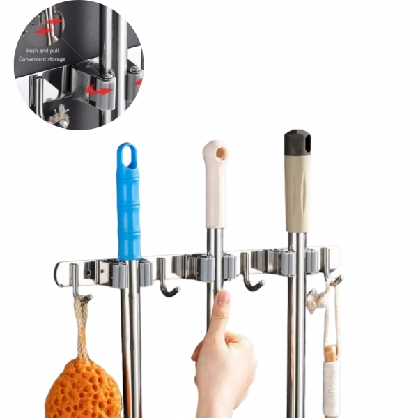 Porta Vassoura aço inox Rodo Suporte Com Encaixes e Ganchos Multiuso reforçado