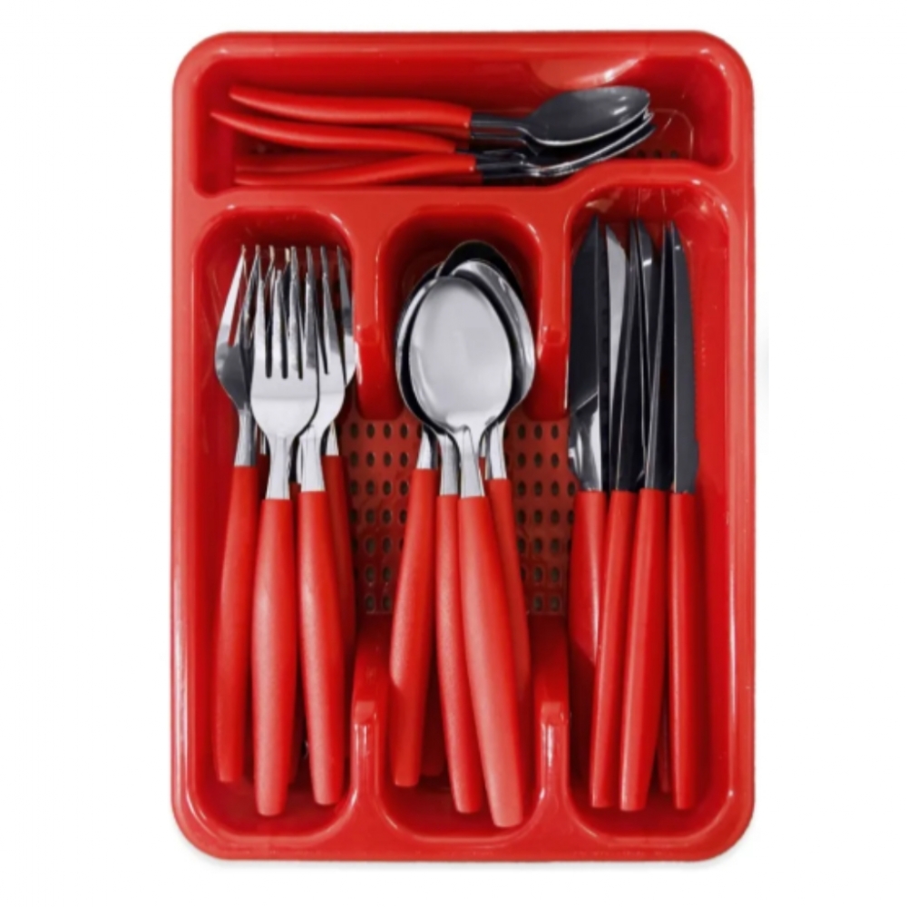 Faqueiro Jogo De Talheres Inox C/ Porta Talher Com 17 Peças Cor Vermelho