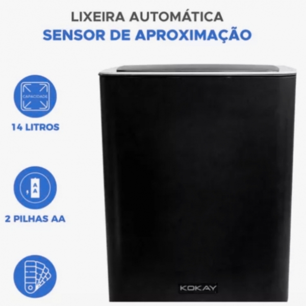 Lixeira sensor automática banheiro cozinha lixo inteligente cor Preto Kokay 056-0035