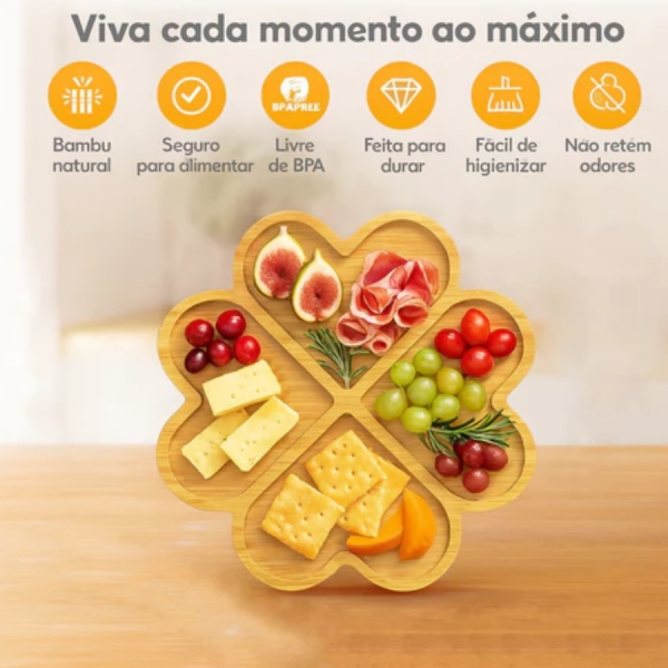 Bandeja Petisqueira Coração Tábua Madeira Bambu 4 Divisões 28cm