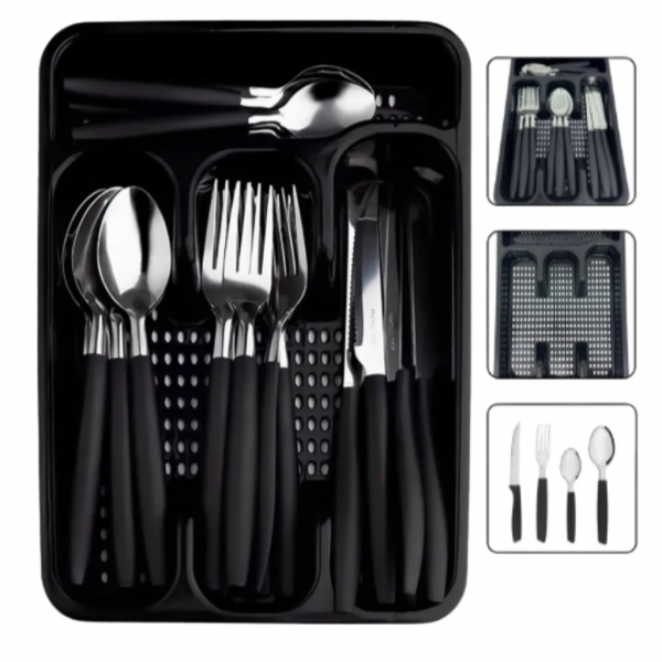 Faqueiro Jogo De Talheres Inox C/ Porta Talher Com 17 Peças Cor Preto