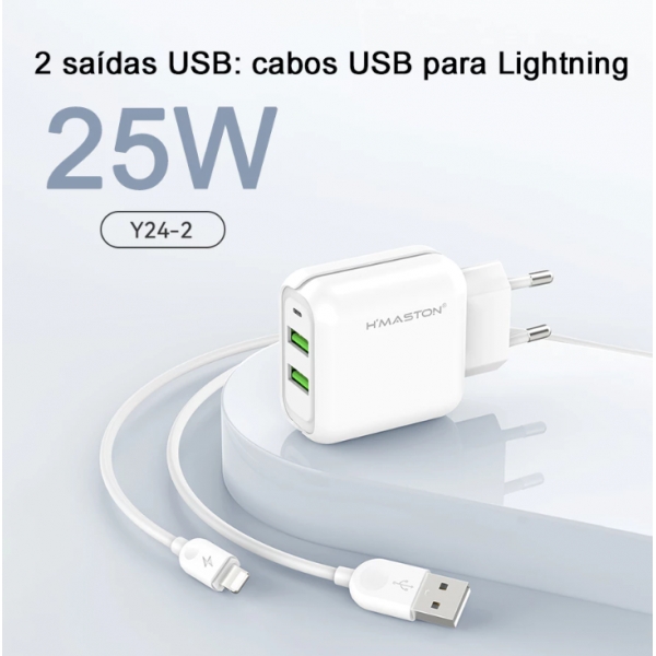 Carregador Turbo de Celular 25W Duplo Entrada Tipo C/ IOS/ V8 Hmaston Y24-1/2/3 Original