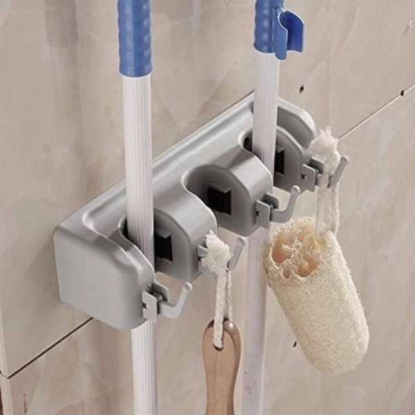Suporte Vassoura De Parede Multiuso Para Pendurar Rodo Chave Até 3 Cabos e 4 Ganchos