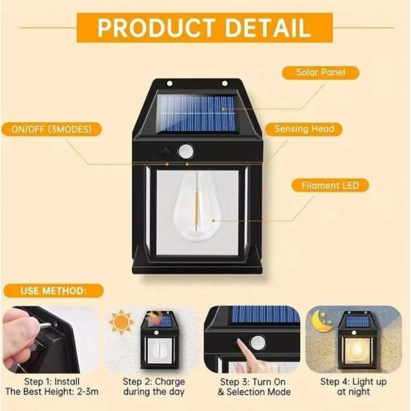 Luminaria Solar Com Movimento Sensor Luz De Parede Lâmpada LED